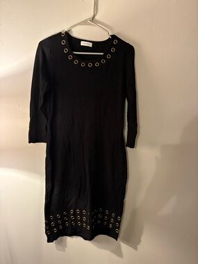 Calvin Klein Black Grommet Detail Sweater Dress 3/4 Sleeve Chic